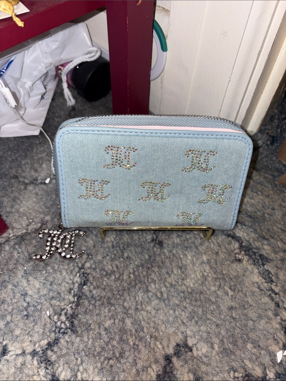 Juicy Couture Light Blue Denim Zip Wallet with Crystal JC Logos
